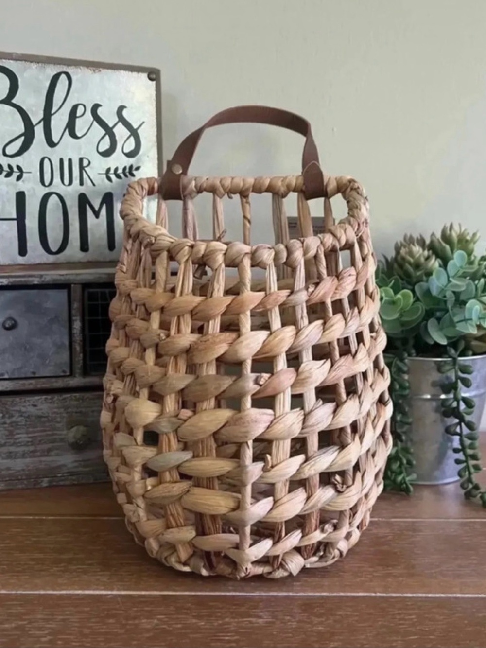 New Farmhouse 10" Water Hyacinth Hanging Basket with Faux Leather Strap
